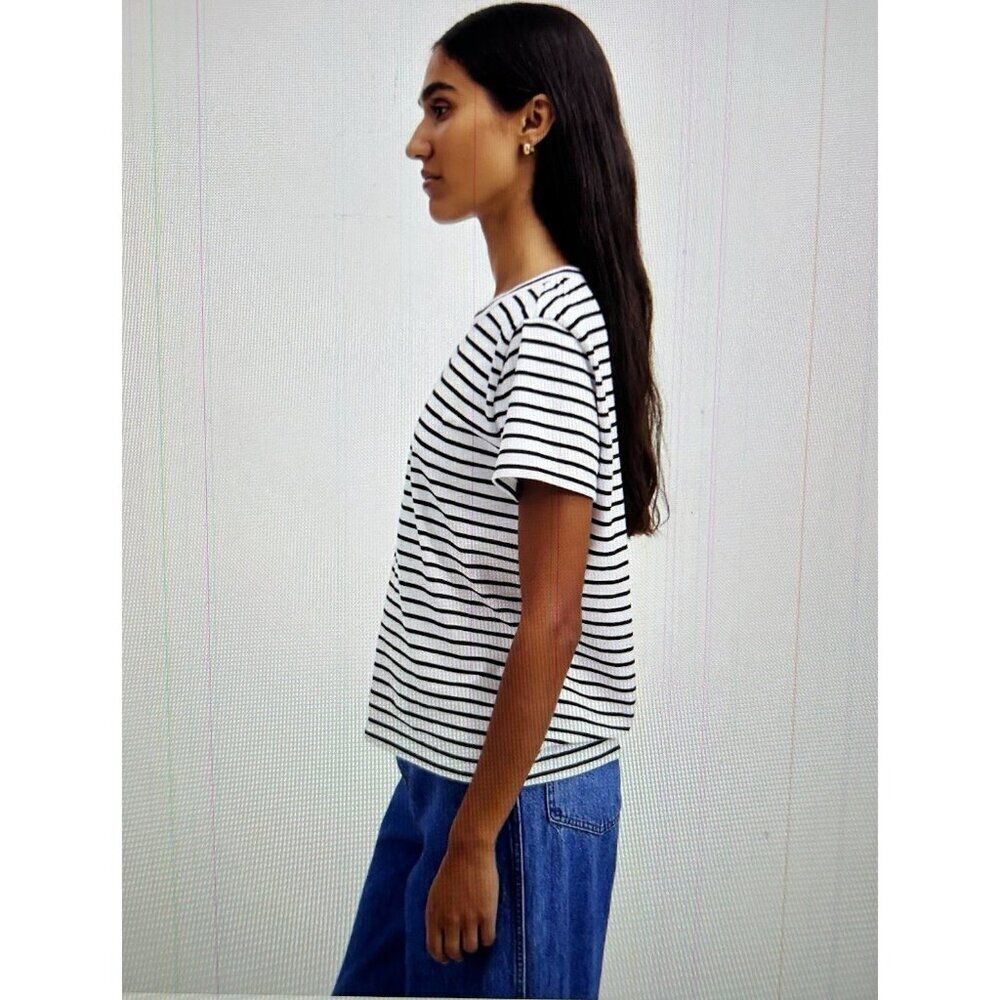 Madewell Womens Cotton Perfect Striped Crewneck Tee in White/Black NS582 - Picture 2 of 8